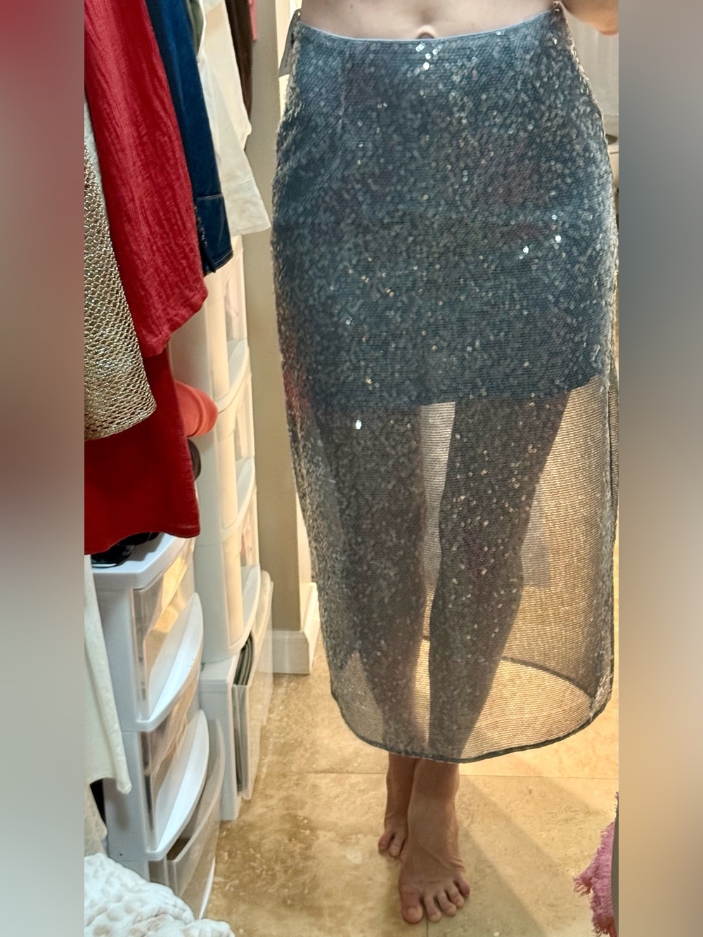 Open Edit Semi Sheer Sequin High Waist Skirt Sz M